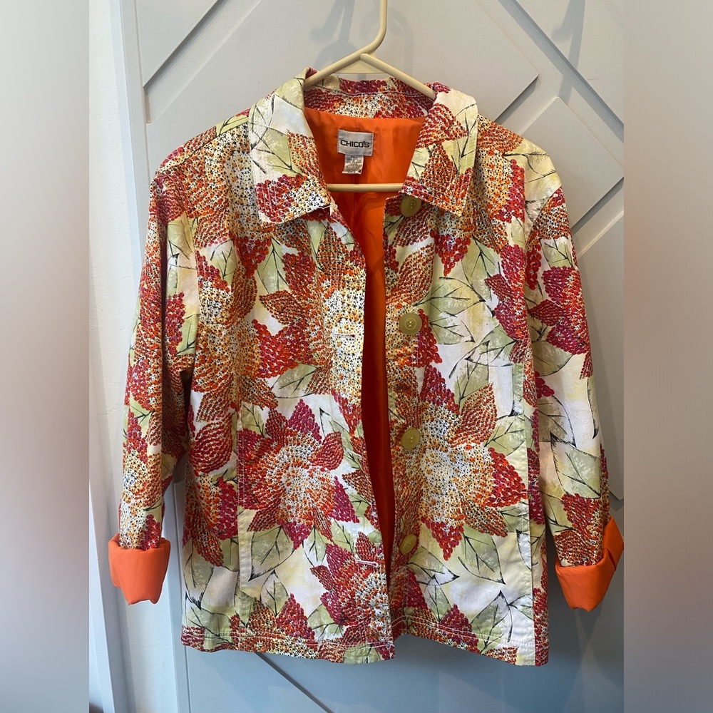 Chicos sequined fall floral ladybug blazer chicos sz 2 / large orange/yellow/red